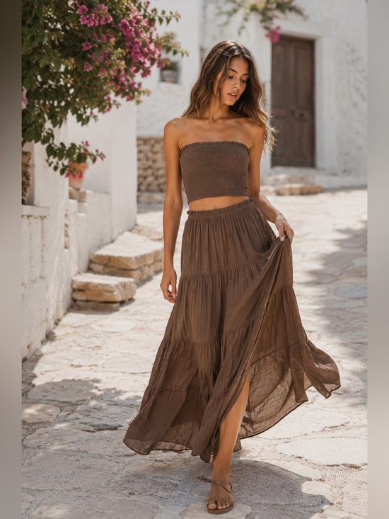 Dresses & Skirts - Smocked Tube Top Tiered Maxi Skirt Set Brown womens Boho Maxi Set summer
